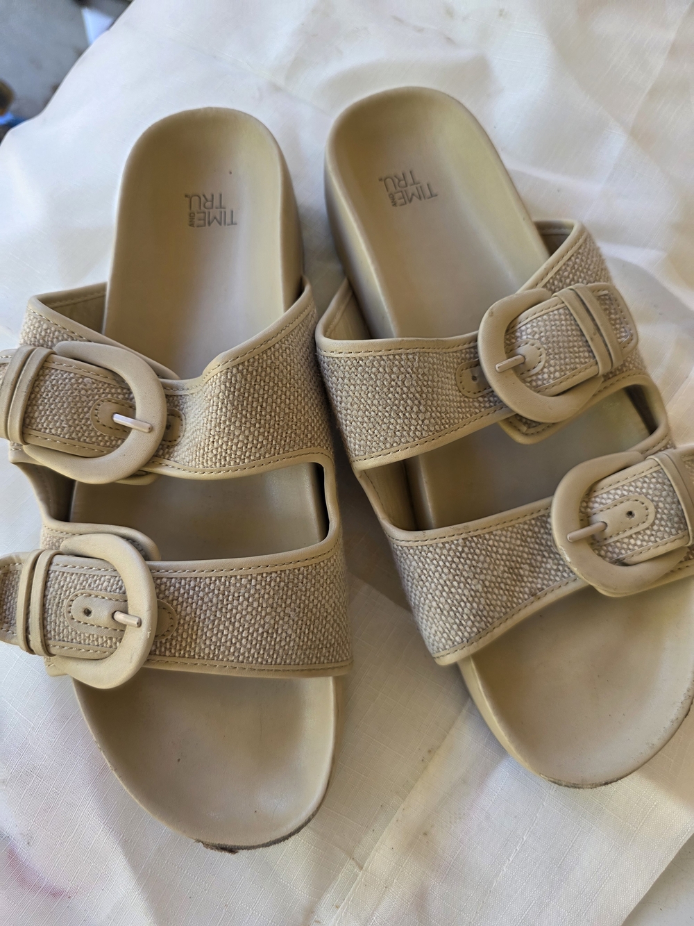 Time and Tru Beige Double Buckle Slide Sandals